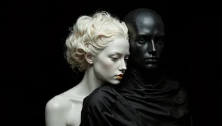 White-skinned woman with white hair and golden lips cuddling a faceless black mannequin draped in soft black linen in an ultradark chiaroscuro style with soft light and minimalism.