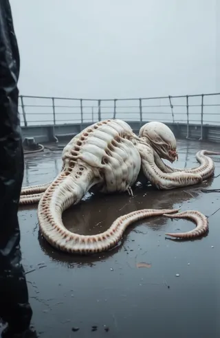 A pale, segmented alien creature with curved bone-like protrusions and tentacle appendages lies on a wet metallic deck under a foggy sky, next to a person in dark wet clothing.
