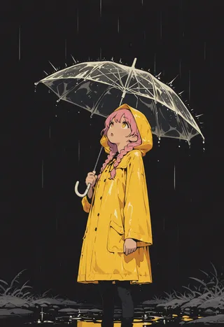 Girl with pink braided hair wearing a yellow raincoat holding a transparent umbrella in light rain under dark sky, surprised expression looking up.
