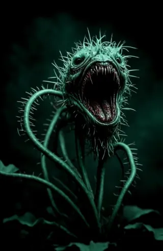 Close-up of a monstrous plant creature with a large open mouth filled with sharp, bloody teeth, covered in tangled wiry green hair, with thorny tendrils curling around it in a dark misty forest.