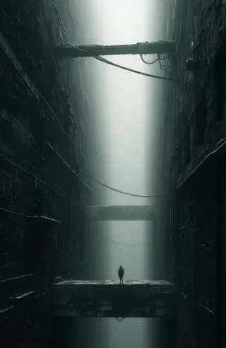 A dark, foggy urban canyon with towering cracked walls and a small solitary figure standing on a concrete bridge, casting an eerie, foreboding atmosphere.