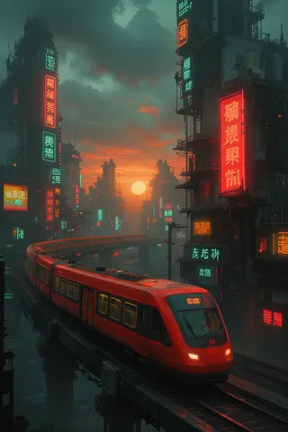 A digital illustration of a futuristic cityscape at night featuring a sleek red train traveling on an elevated railway amidst towering buildings lit by vibrant neon signs under a dramatic sunset sky.