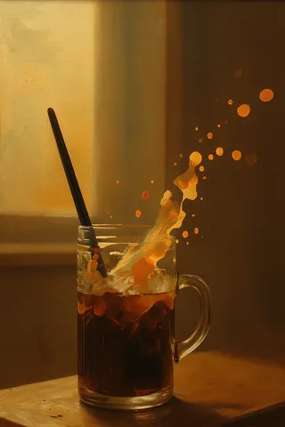 Realist painting of a glass mug with coffee splashing, illuminated by warm golden hour light in an early morning kitchen scene, rendered with thick impasto brush strokes.