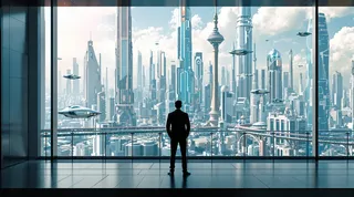 A futuristic man standing on an ultra-modern indoor balcony overlooking a vast futuristic cityscape filled with towering skyscrapers and flying cars under a partly cloudy sky.