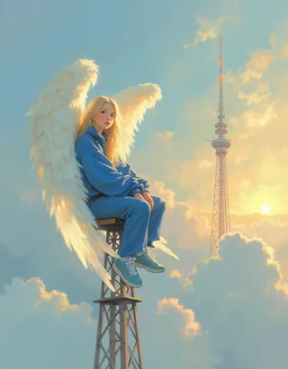 A young angel in a modern blue tracksuit with large white wings sits calmly on top of a tall radio antenna surrounded by clouds at sunrise.