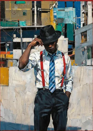 A painting of a dark-skinned man wearing a black fedora, white shirt with red suspenders, and a blue striped tie, standing in front of an abstract urban cityscape.