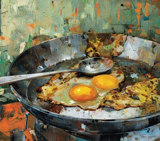 A realistic painting of two fried eggs in a rustic metal frying pan with a spoon resting on the side, featuring textured warm green, orange, and brown background.