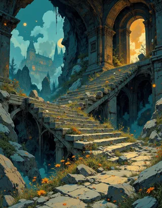 An ancient stone staircase overgrown with flowers leads through vintage ruins with gothic arches, under a moonlit sky with a distant fantasy castle.