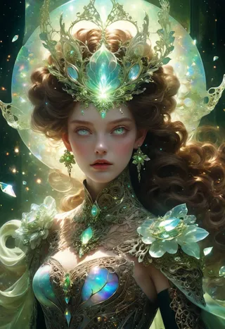 A majestic woman with flowing brown hair wearing an intricate opal filigree crown and ornate dress with shining gemstones, set against a glowing nebula background.