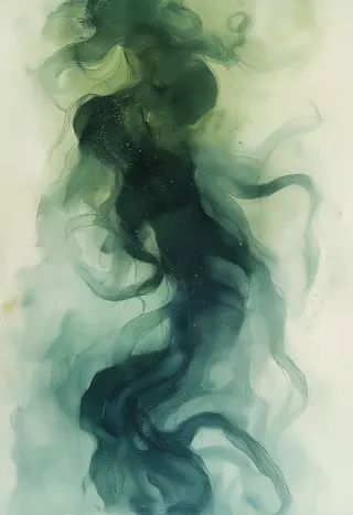 Abstract dark figure of Cthulhu surrounded by swirling green mist and dotted with small glowing fireflies, depicted with gestural brushstrokes.