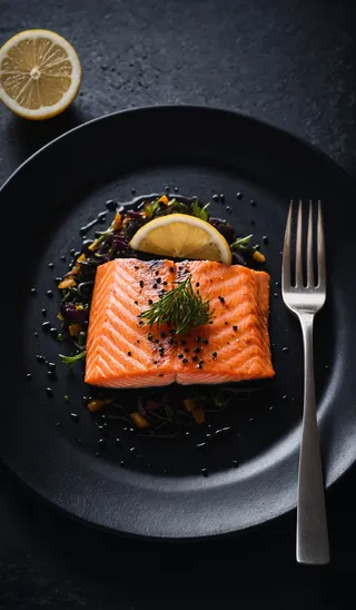 Top view of a healthy salmon slice garnished with dill and black pepper on a black plate, accompanied by a lemon wedge and a fork, set against a dark textured surface with dramatic lighting and film grain effect.