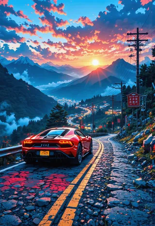 A red classic sports car parked on a winding mountain road at sunset, showing rear three-quarter, with textured asphalt, glowing taillights, telephone poles on the right, a Japanese roadside sign, and a distant valley city under a colorful sunset sky.