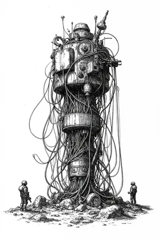 Black and white sketch of a large intricate cylindrical mechanical structure with many wires and cables, standing on rocky ground with three small figures nearby.
