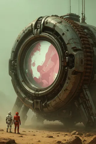 A large metal circular object with dark brown tracks resting on a sandy ground. Two figures in white and red suits stand nearby, looking at a large circular window with an abstract white and pink design inside, under a pale green sky.