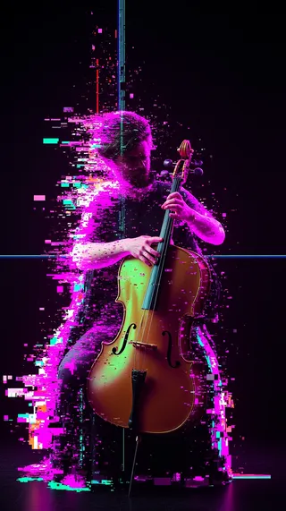 Photorealistic cello on stage with glitch effects fracturing its body into neon pink, emerald, and gold pixel blocks, accented by prism shards and floating holographic panels.