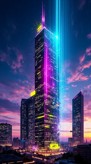 A towering futuristic skyscraper dissolving into cyan, magenta, and yellow RGB echoes with pixelated windows, vertical barcode overlays, indigo FFT glow pulses, lime and violet prism shards, and floating holographic HUD grids against a twilight cityscape.