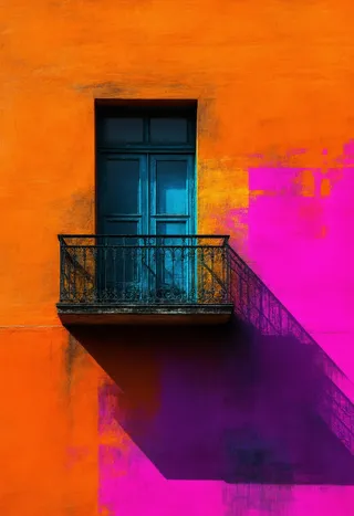 Ornate black balcony with intricate railings suspended against a bright orange wall, showing glitch-like digital distortions and vibrant magenta and purple patches.