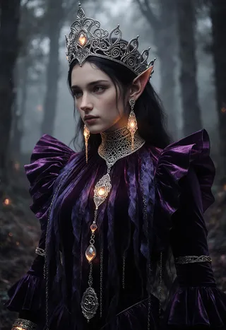 A fantasy portrait of an elven woman wearing a silver filigree tiara with glowing crystals, dressed in deep purple velvet with ornate glowing jewelry, set against a misty forest background.
