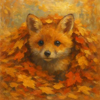 Impressionist painting of a small fox cub peeking out from a pile of warm-toned autumn leaves with soft, diffused lighting and painterly brushstrokes.