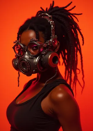Portrait of a Black woman with dreadlocks wearing a steampunk-inspired respirator mask and large futuristic glasses against a vibrant orange background.