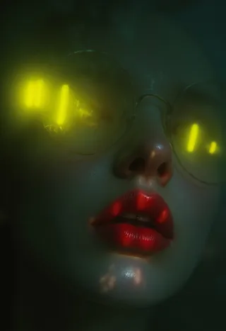 Close-up portrait featuring vivid red glossy disembodied lips and yellow glowing reflections in glasses, enveloped by dark shadows and fog.