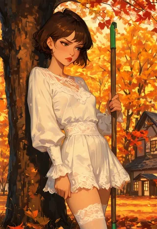 A slender woman with short shaggy brown hair wearing a white lace blouse and mini skirt leans against a tree holding a rake in autumn suburbia with colorful leaves and a small house in the background.