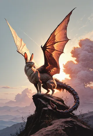 A majestic rabbit standing on a rocky cliff with large translucent dragon wings and a segmented scorpion tail, illuminated by warm sunset lighting with a scenic mountainous background.