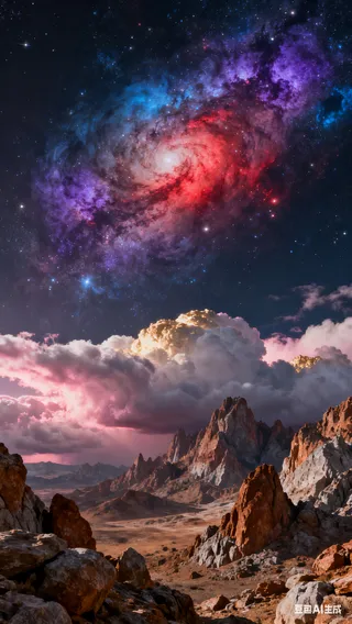 A stunning cosmic landscape featuring a vibrant nebula in hues of red, blue, and purple above a rocky, mountainous terrain under colorful clouds.