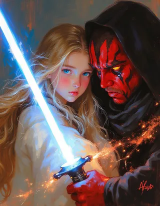 Digital painting of a serene young blonde Padawan Jedi with glowing blue lightsaber facing a furious red-skinned Sith warrior in a dramatic duel, rendered in a style inspired by Rembrandt.