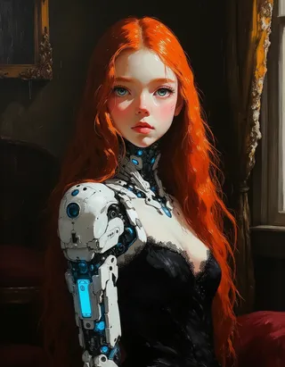 Oil painting of a petite android girl with long red hair and porcelain skin, wearing a black Victorian-style dress, featuring a robotic arm emitting a blue glow, set in a dark Victorian sitting room.