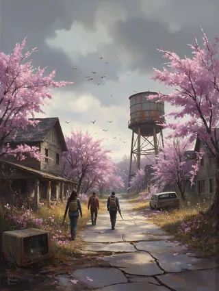 Three survivors walking down a cracked path on an overgrown suburban street lined with blooming cherry blossom trees, faded abandoned houses, and a rusty water tower under a cloudy sky.