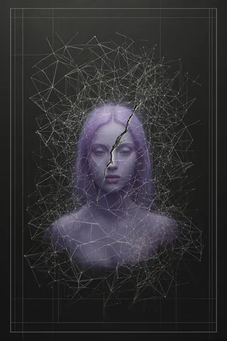 Abstract digital art of a lavender-colored woman’s bust with hairline cracks, surrounded by intricate geometric nets on a charcoal gray background.