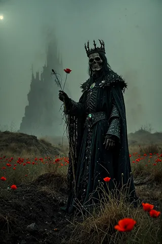 A dark skeletal lich king wearing tattered black and crimson robes and a bone crown stands in a bleak field of red poppies with a towering dark castle silhouette in the mist behind.