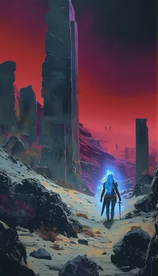 A lone female warrior with glowing blue hair and armor stands in a post-apocalyptic desert surrounded by tall dark ruins, holding a sword and energy shield under a red sky.
