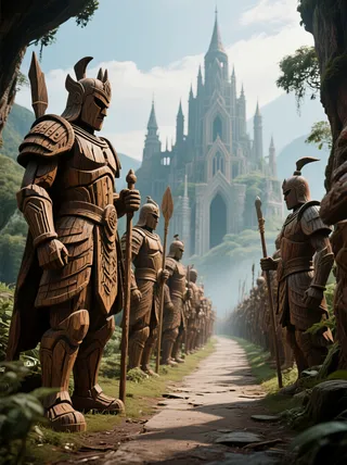 Rows of intricately carved wooden guardian warriors in armor, standing on either side of a winding stone path leading to a towering mystical city castle.
