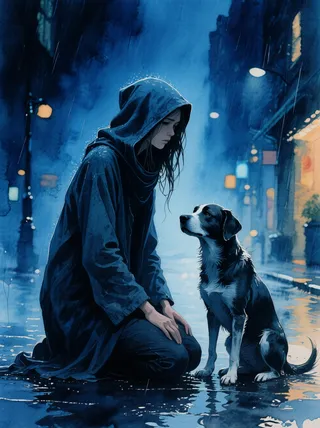 A young woman with a hood concealing her face kneels beside her dog on a rain-soaked urban street at night, illuminated with blue hues and dramatic shadows.