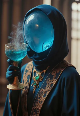 A faceless entity with a dark-blue translucent orb head, dressed in a high-quality fashion robe adorned with intricate hylian patterns, holding a royal glass of absinth emitting smoke against a moody vintage background.