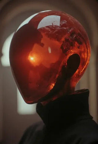 Closeup of a faceless entity with a dark-red translucent orb as its head, reflecting a fiery scene symbolizing the end of humanity, set in a moody background with a high collar and vintage Space Odyssey 2001 style.