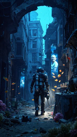 A lone diver in a retrofitted diving suit walks through a decaying submerged urban district with holograms of people and bioluminescent fish swimming around.