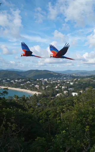 Two vibrant tropical parrots flying over a lush South American jungle with a coastal city and beach visible below under a sunny blue sky.