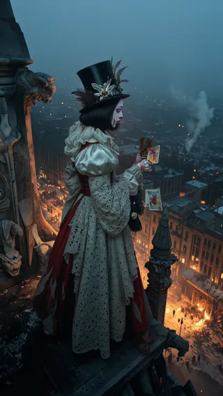 A vampire clown in a gothic lace costume and tall top hat adorned with bloodied feathers stands on a crumbling cathedral spire, holding tarot cards above an apocalyptic city at dusk with gargoyles nearby.