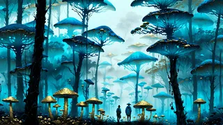 A misty surreal forest scene with large blue and gold toadstools towering over two distant Filipino figures walking along a path, detailed and intricate landscape with magical azure and black tones.