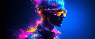 A futuristic figure wearing mirrored sunglasses, depicted in a fragmented digital glitch style with vibrant neon colors and pixelated distortion against a dark background.