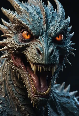 Close-up of a highly detailed, realistic dragon with orange glowing eyes, sharp teeth, and textured scales showcasing a scary beast look.