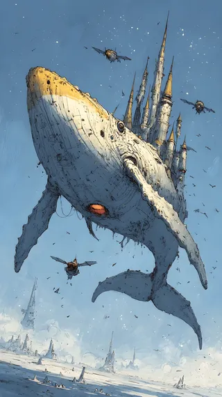 A large fantasy whale flying in the sky with a majestic castle built on its back, surrounded by small steampunk flying machines against a blue sky.