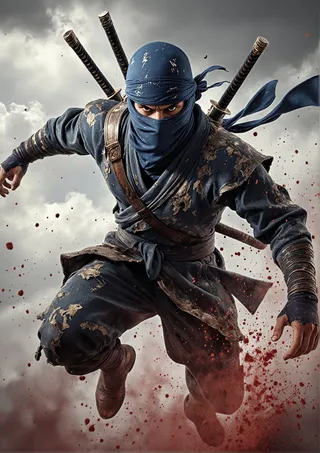A ninja warrior in tattered blue battle garments and a blue mask, leaping dynamically with dual swords on his back, against a cloudy sky and red dust particles.