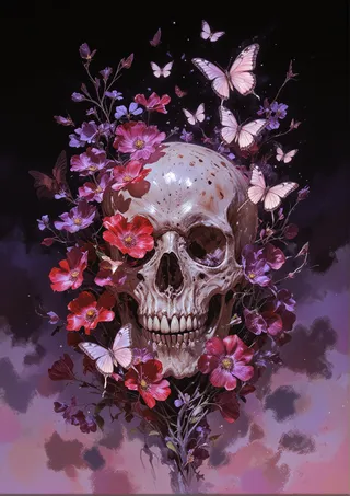 Surreal digital painting of a human skull dissolving into vibrant flowers and butterflies, glowing with ethereal pink and purple hues.