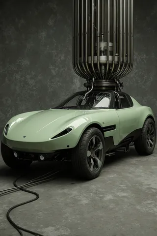 A 3D rendered futuristic car in light green facing left, featuring large black tires connected by wires to a tall cylindrical metal rod structure on its roof, set against a gray textured background.
