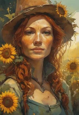 A freckled young hedge witch with curly auburn hair, sunflower tattoo on her neck, and glowing herbs behind her ear, surrounded by sunflowers in an autumn setting.