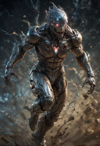 A menacing futuristic monster with glowing red eyes and intricate hi-tech cybernetic armor charging forward in a dynamic, epic sci-fi scene.